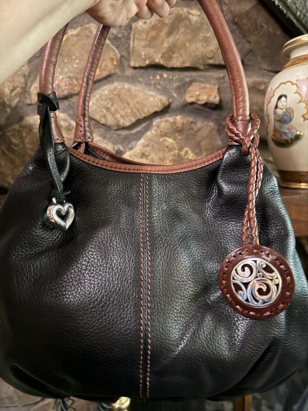 Brighton Black and Brown Leather Shoulder Bag with Braided Charm